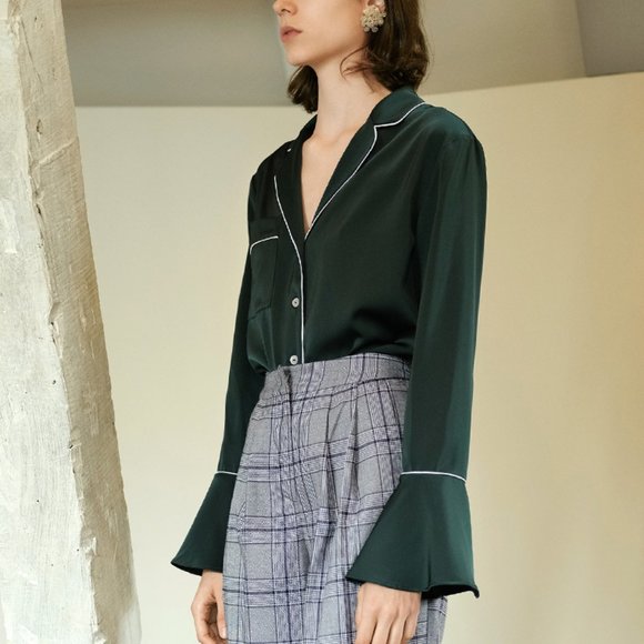 NWOT Simple Retro Dark Green Blouse - Picture 6 of 12